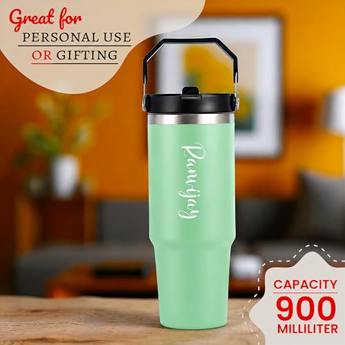 Image of SAVRI Personalized Stainless Steel Straw Tumbler (1200 ml) - Double Wall Vacuum Insulated Travel Mug with Lid & Straw, Custom Name & Logo Engraving. (900 ml Light Green Tumbler)