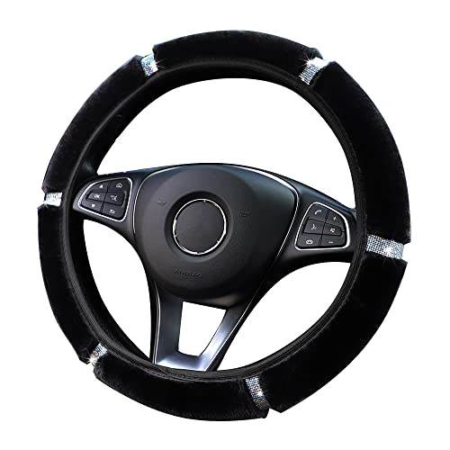 MRTIOO Velvet Fluffy Steering Wheel Cover, Diamond Bling Bling Crystal Rhinestones, Stretch Elastic Universal 15 in, Fit Vehicles, Sedans, SUVs, Vans, Trucks - Color Diamond Black