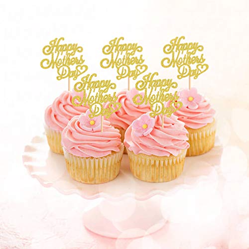 Keaziu 48 Pack Gold Glitter Happy Mothers Day Cupcake Toppers Mom Cupcake Picks Cake Decoration Party Supplies For Mother's Day Party Cupake Decorations #TOP1