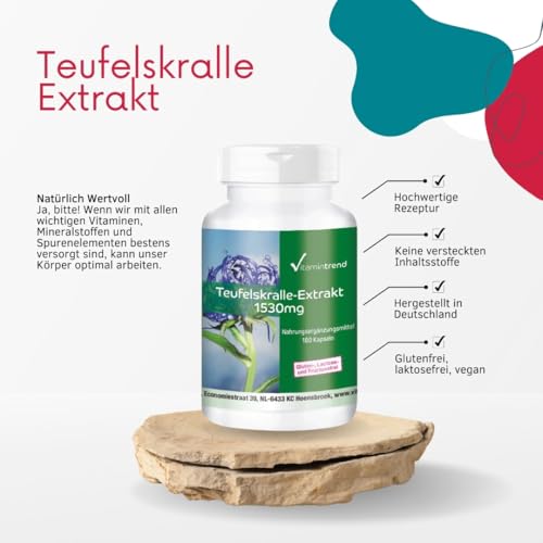Vitamintrend Teufelskralle Kapseln hochdosiert 1530mg Extrakt, 180 Stück, schluckfreundlich, Harpagophytum, veganes Nahrungsergänzungsmittel ohne Zusätze, in Deutschland hergestellt