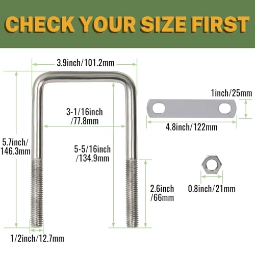 Image of LIONMAX U Bolts 3 Inch Wide, 5 Pack, 1 /2 inch D x 3-1 /16 inch W x 5-5 /16 inch L, M12 | Stainless Steel Square U Clamp, Corrosion Resistant, with Plates, Washers, Nuts, Heavy Duty for Trailer, Boats, Tube, 3 inch Wide