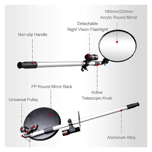 DARZYS Under Vehicle Inspection Mirror, Vehicle Inspection Mirror with Casters, 2X Magnification Convex Mirror, LED Light for Car Truck(22cmx22cm)