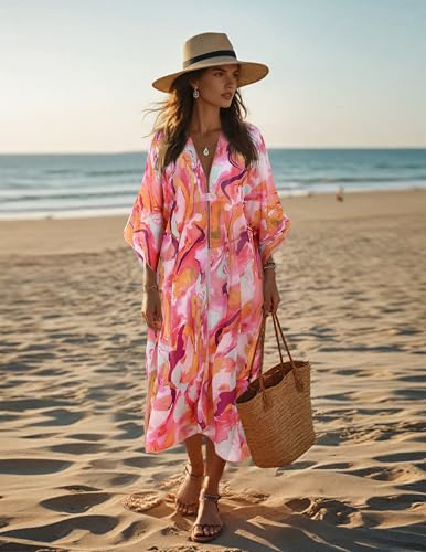 MayBuy Beach Cover Ups for Women Kimonos Boho Swimsuit Chiffon Coverups Long Flowy Swimwear Cardigan Summer Open Front Cover Up Pink Purple Floral XXXL — view 5