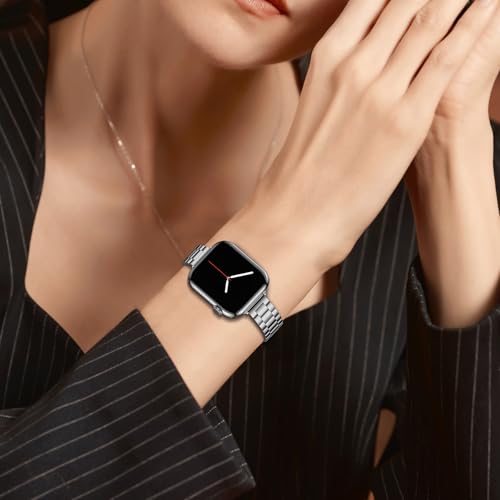 Thin Band Compatible with Apple Watch 42mm 41mm 40mm 38mm, Luxury Slim Lightweight Stainless Steel Bracelet for iWatch SE Series 12-1 Women, Silver - image 7