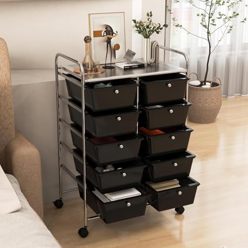 Image of LDAILY 10 Drawer Rolling Cart, Storage Cart Organizer on Wheels, Drawer Cart with Metal Frame & Large Storage Capacity, Rolling Cart with Drawers for Living Room Classroom, Office