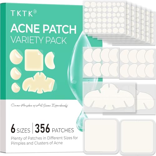 TKTK Pimple Patches for Face 6 Sizes Hydrocolloid Acne Patch Variety Large Acne Stickers for Cheeks Forehead Chin Nose Back Blemishes Zit Breakouts (4 Shapes 356 Count)