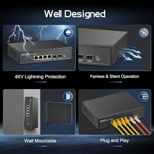Image of Binardat 6 Port 2.5G PoE Switch with 2x10G SFP+ Port, 4x2.5G Base-T Ports Compatible with 100 /1000Mbps, IEEE802.3af /at 78W, Unmanaged Fanless Rackmount Ethernet Switch