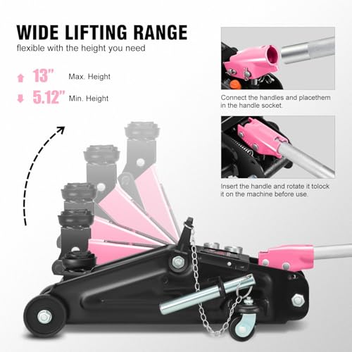 Image of DNA Motoring Floor Jack with Socket and Lock, Low Profile Hydraulic Trolley Jack for Cars Lift, 2 Ton (4000 lbs) Capacity, Lifting Range 5.12 inch-13 inch, Pink, TOOLS-00677-PK