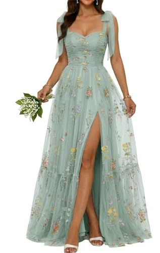 Robe de demoiselle d'honneur broderie et tulle à fines bretelles WQL111