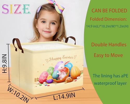 Image of Large Rectangular Easter Baskets Empty Waterproof Boy Toy Box Foldable Kid's Gifts Storage Bin Spring Room Decor(Shell Breaking Rabbit Chicken)