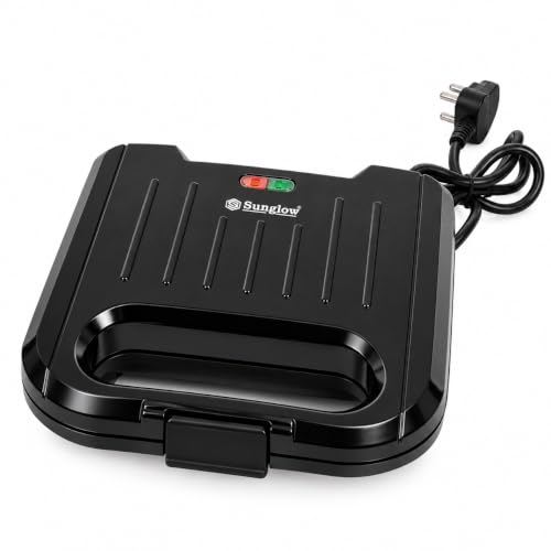 Image of Sunglow Crystal 750 Watt Sandwich Maker, Electric Toaster with Ribbed Grilling Plates, Indicator Lights, Scratch Resistant, 180 Open Griller, Auto Cutoff, 1 Year Warranty, 2 Slices, Black