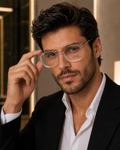 Image of Soft Square Optical Eyeglass Frame for Men & Women, Front with Metal Temples, Clear Demo Lenses, Lightweight Mixed Material Frame, Ribbed Temple Design for Prescription Lens Replacement