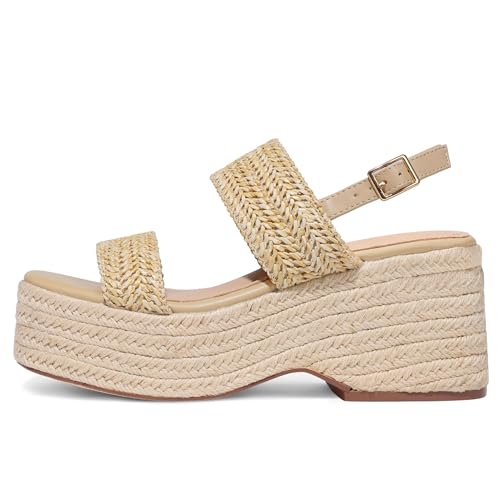 Image of EQAUDES Platform Sandals Women Open Toe Ankle Strap Summer Wedge Espadrille Sandals Cute Beach Straw Raffia Woven Sandals Comfortable Vacation Dress Shoes