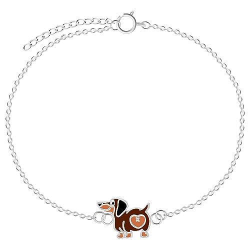 LOVE YOUR CITY Armband Hund Dackel – Kinderschmuck aus 925 Sterling Silber & Emaille – Verstellbar 14–17 cm – Geschenk für Mädchen & Kinder – Hundearmband mit Herz