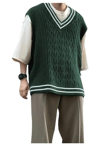 GORGLITTER Men's Sweater Vest Striped Cable Knit Sleeveless V Neck Pullover Sweater Tops2