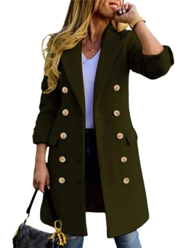 Image of IDEALSANXUN Long Blazer Jackets for Women 2025 Casual Fall Winter Double Breasted Trench Coat Midi Length Wool Coats Peacoat(Army, L)