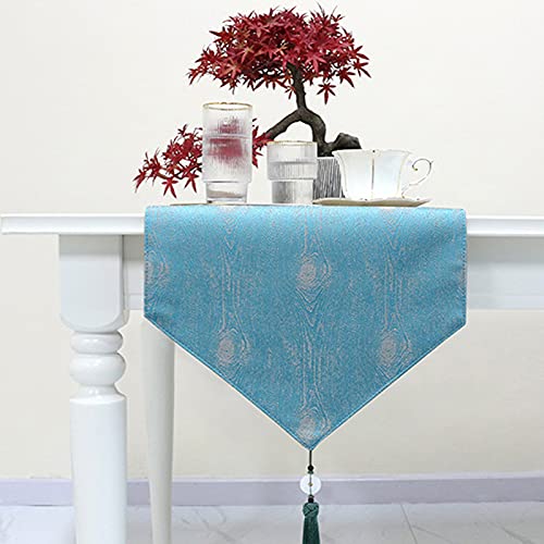 Chemin de table bleu clair à franges protège-table lavable motif bois pour buffet et repas - 3