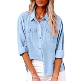 Work Shirts for Women with Two Pockets Button Down Cotton Linen Comfy T-Shirt Loose Turn Down Collar Stylish...