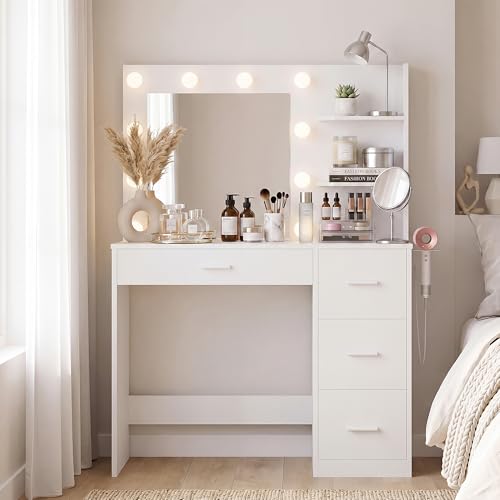 Image of YESHOMY Vanity Desk with Mirror, LED Lights and Storage,Modern White