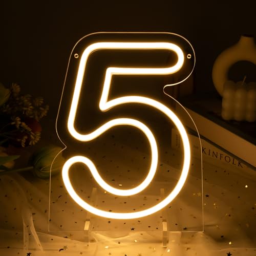 Image of Number 5 LED Neon Sign Backdrop Birthday Party Decoration, 11.3 inch Height Warm White Marquee Number Five Light Up Sign for Wedding Anniversary Window Wall Table, Indoor Battery Operated or USB