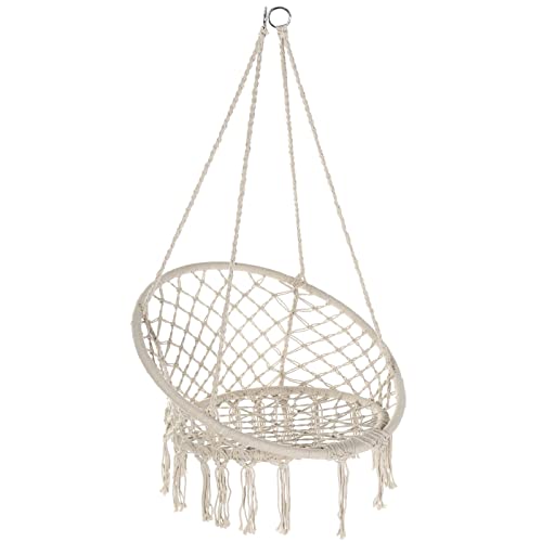 Image of Garpans Hammock Chair Macrame Swing Bohemian Style Hammock Swing Chair with Tassels Hanging Swing Chair Handmade Knitted Cotton Rope for Indoor Outdoor Bedroom Patio Max 330 Lbs Beige