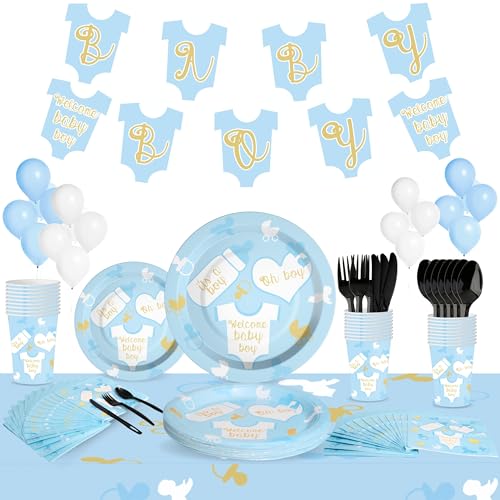Baby boy shower decorations Set - 202 Piece Party Supplies Kit with Banner, paper plates, Cups, Napkins, Tablecloth - Serves 25, Perfect for baby boy decorations for baby shower