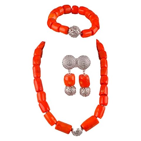 White Coral Bead Necklace Jewelry Set Nigerian Wedding Coral Set African Jewelry Set orange-silver-1 18inches Cover