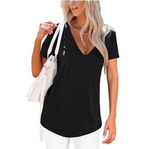 Topstype Deep V Neck T Shirts for Women Short Sleeve Sexy Tops Low Cut Cleavage T Shirt