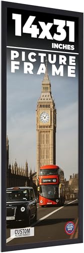 14x31 Frame Black Real Wood Picture Frame Width 0.75 Inches | Interior Frame Depth 0.5 Inches | Noir Classique Mid Century Photo Frame Complete with UV Acrylic, Foam Board Backing & Hanging Hardware