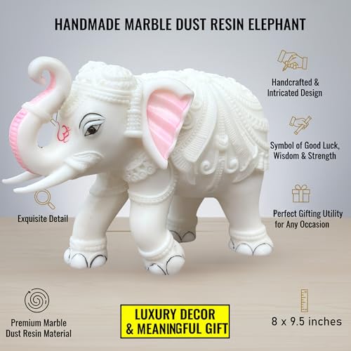 Elegant White Jumbo Elephant Statue Trunk Up | Handcrafted Marble Dust Decorative Piece for Prosperity Good Fortune | Impressive Housewarming & Diwali Gift (8 x 10.5 inch) — photo — 3 of 9