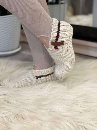 Cozy Knitted Short Wool Socks with Red Stripe, Handmade in Natural White Wool, Unisex Men & Women Sizes Soft Warm Ideal Gif, Free Shipping!3