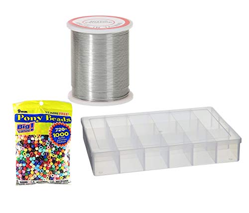 Darice 10762 Plastic Bead Organizer with 17 Compartments, Clear with Darice 28-Gauge Beading Wire, 40-Yard, Silver and Pony Beads Multi Color 9mm 1000 Pcs in Bag