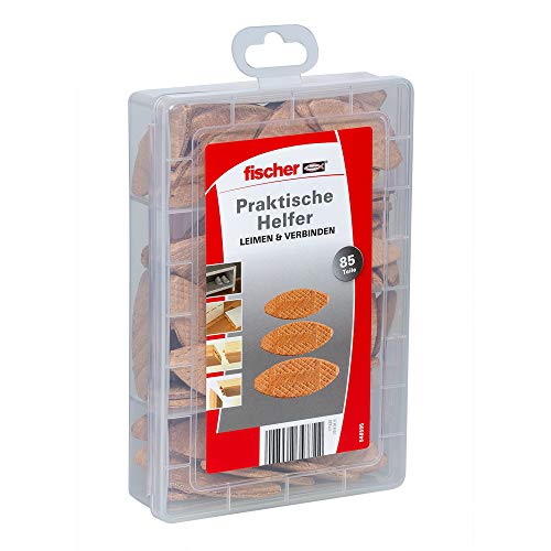 fischer Praktische Helfer Leimen & Verbinden, Sortimentbox mit 85 Flachdübeln, Set für sichere Verbindungen von Massivholz, Holzwerkstoffen & Plattenmaterialien