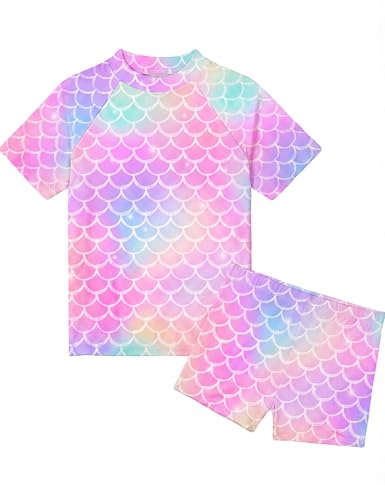 Image of Girls Swimsuit Colorful Short Sleeve Bathing Suits UPF 50+ Rash Guard Set Two Piece Summer Swimwear