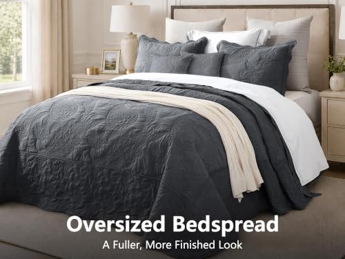 Image of HZ & HY Oversized Queen Bedspreads, Stitched Paisley, Dark Grey
