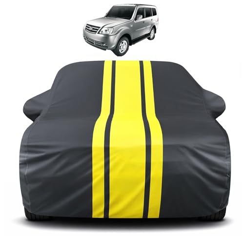 Image of Auto Hub Car Cover Compatible with Tata Sumo Grand with Mirror Pocket, Soft Cotton Lining, Sumo Grand Car Cover Waterproof - Yellow-Black