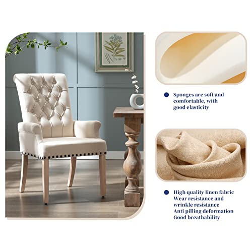 Restworld Fabric Arm Dining Chair,Tufted Upholstered High Back Nailed Trim With Untique Oak Wood Legs For Kitchen Restaurant Room Bedroom, White #TOP5