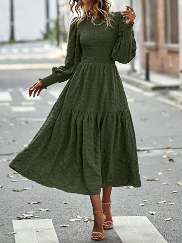 PRETTYGARDEN Women 2025 Spring Puff Long Sleeve Crewneck Smocked Maxi Dress Empire Waist Tiered A-line Swing Flowy Long Dress2