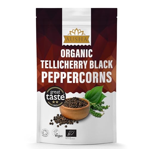 Ausha Organic Tellicherry Black Peppercorns 500g Whole - 2** GREAT TASTE AWARD - UK Certified Organic by Soil Association - For Grinding and Cooking- Garbled Special Extra Bold Black Peppercorns