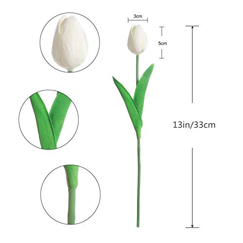 Kisflower 30Pcs Latex Tulips Real Touch White Artificial Flowers Fake Tulips Arrangement Bouquet for Home Office Wedding Decor (White)