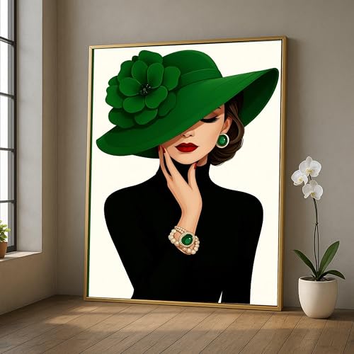 Toile femme au chapeau vert peinture de luxe salon moderne