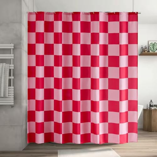 Duschvorhang 180×180cm - Karierter Badevorhang Anti Schimmel Waschbar Wasserdichter Schnelltrocknend für Badewanne mit 12 Haken Retro Schachbrett Shower Curtain Polyester Textil Vorhang (Rot und Pink)