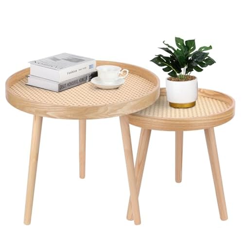 Round Coffee Table Set of 2, Natural Boho Coffee Table, Small Mid Century Modern Rattan Coffee Table, Boho Side Table End Tables for Living Room Bedroom Office Balcony