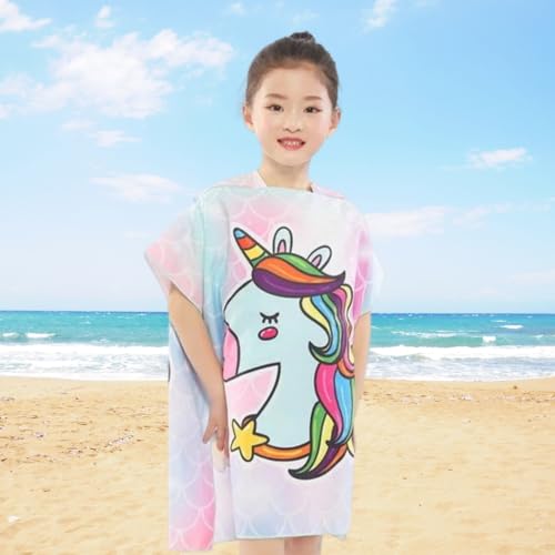 Image of Famyo Poncho Towel for Kids | Hooded Micro-Fiber Bath Towels | 60 x 60cm Toddler Pool Towel for Boys & Girls, 1-7 Years (Pink & Blue Unicorn)