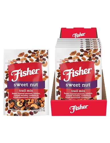 Fisher Snack Sweet Nut Trail Mix, 4 oz (Pack of 6), Honey Roasted Peanuts, Raisins, Frosted Walnuts, Cashews, Dried Sweetened Cranberries, Healthy Snacks for Adults and Kids, Dried Fruit Snacks
