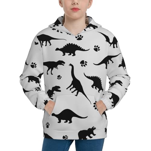 White Black Dinosaur Silhouettes Boy, Girls Sports Shirt Youth Pullover Fashion Hooded Sweatshirt3