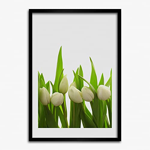 Peinture tulipes blanches en cadre moderne bois MDF 50x70 cm pour décoration murale maison