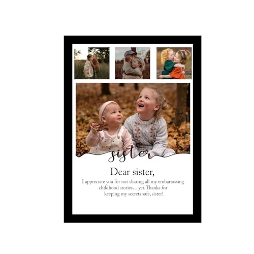 Image of Synthetic Wood Customized Best Gift Wall Mount With 4 Photo Collage Print & Customizable Text For Dear Sister, Gifts Rectangular Frame With Photo Upload For Rakhi (9.2X12.6 Inch),Black