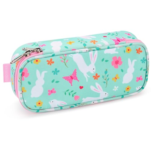 Image of mibasies Girls Pencil Case for Kids, Multi-Slot Pencil Pouch, Rabbit Green