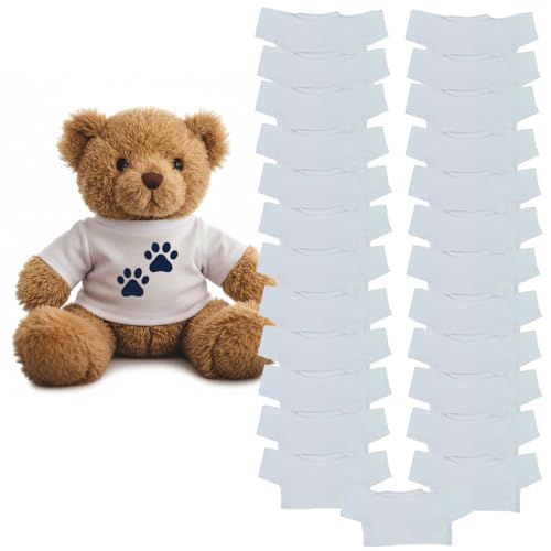 Get Ready Kids Teddy Bear T-Shirts Bulk Pack of 25 White Crew Neck Stuffed Animal Clothes for 12-16 Inch Plush Toys Polyester Blank Tees for DIY Crafts Sublimation and Classroom Projects